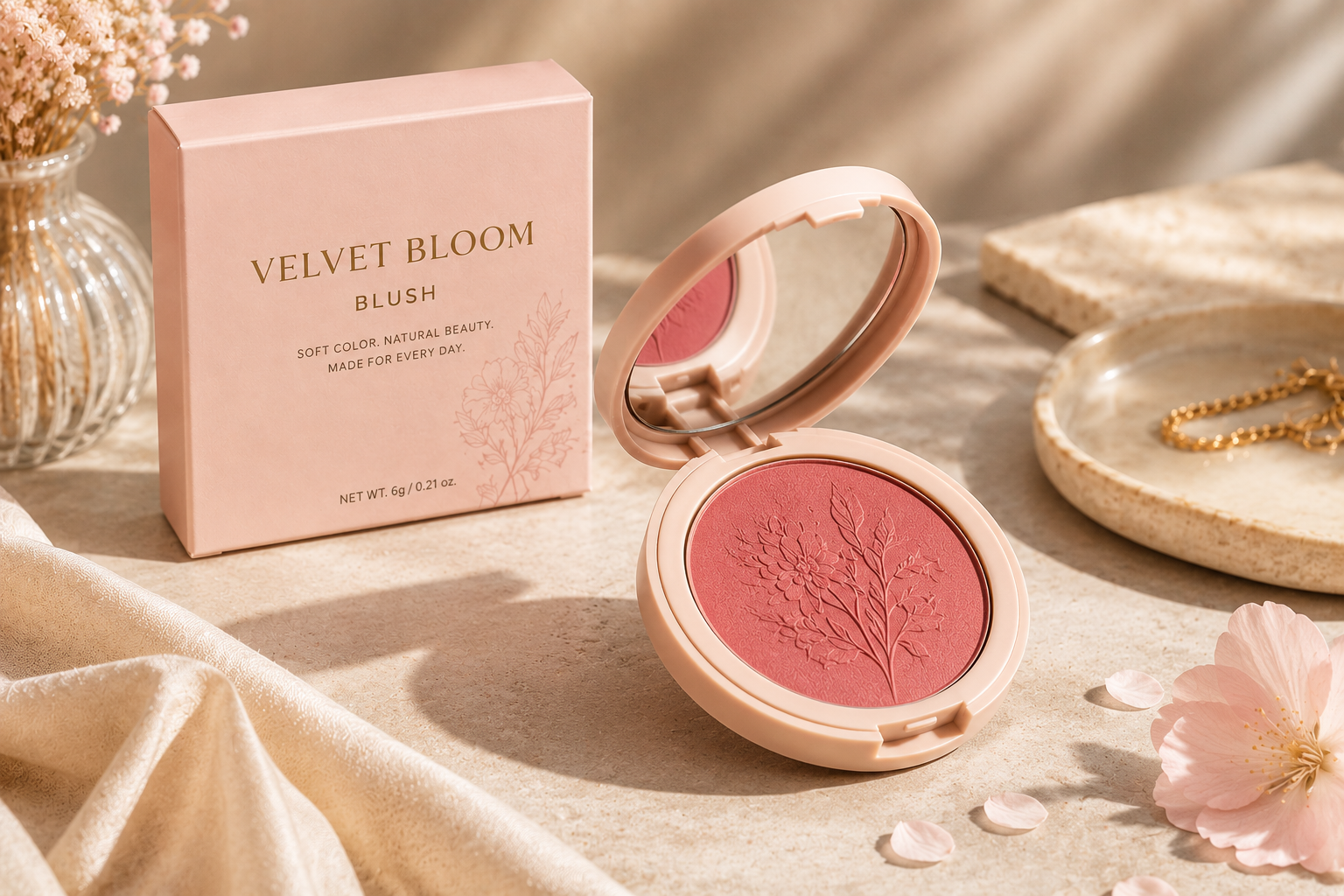 Velvet Bloom Blush — soft pink powder blush in pink packaging with botanical embossed pattern