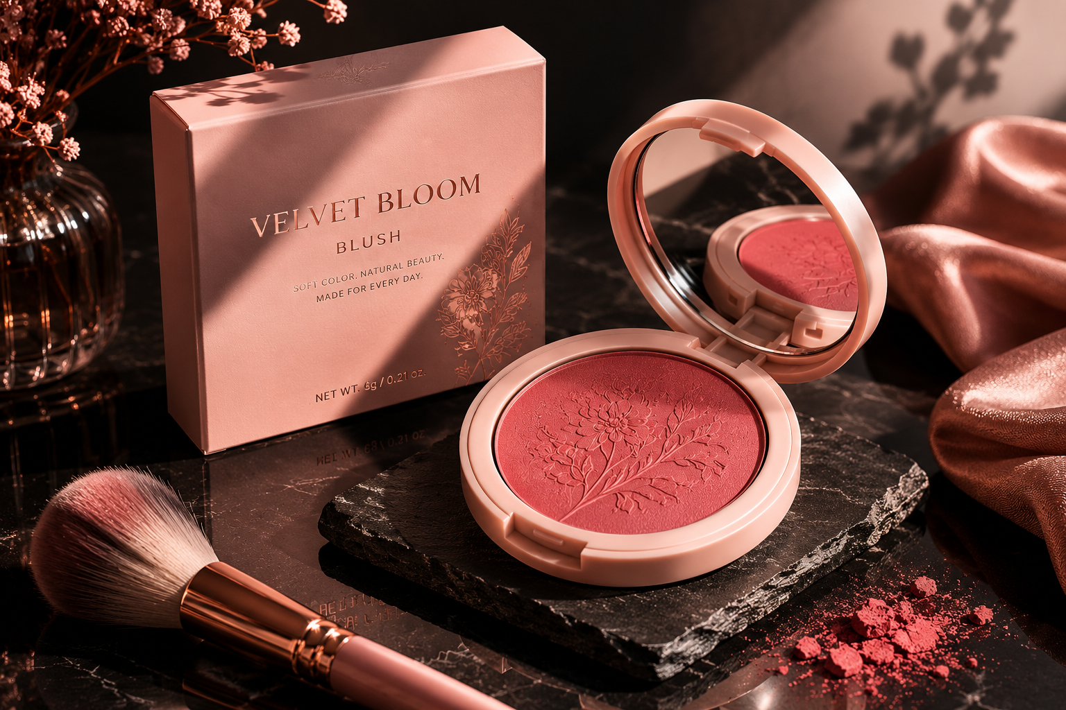 Velvet Bloom Blush — moody product shot on dark surface with rose pink powder, brush, and dried florals